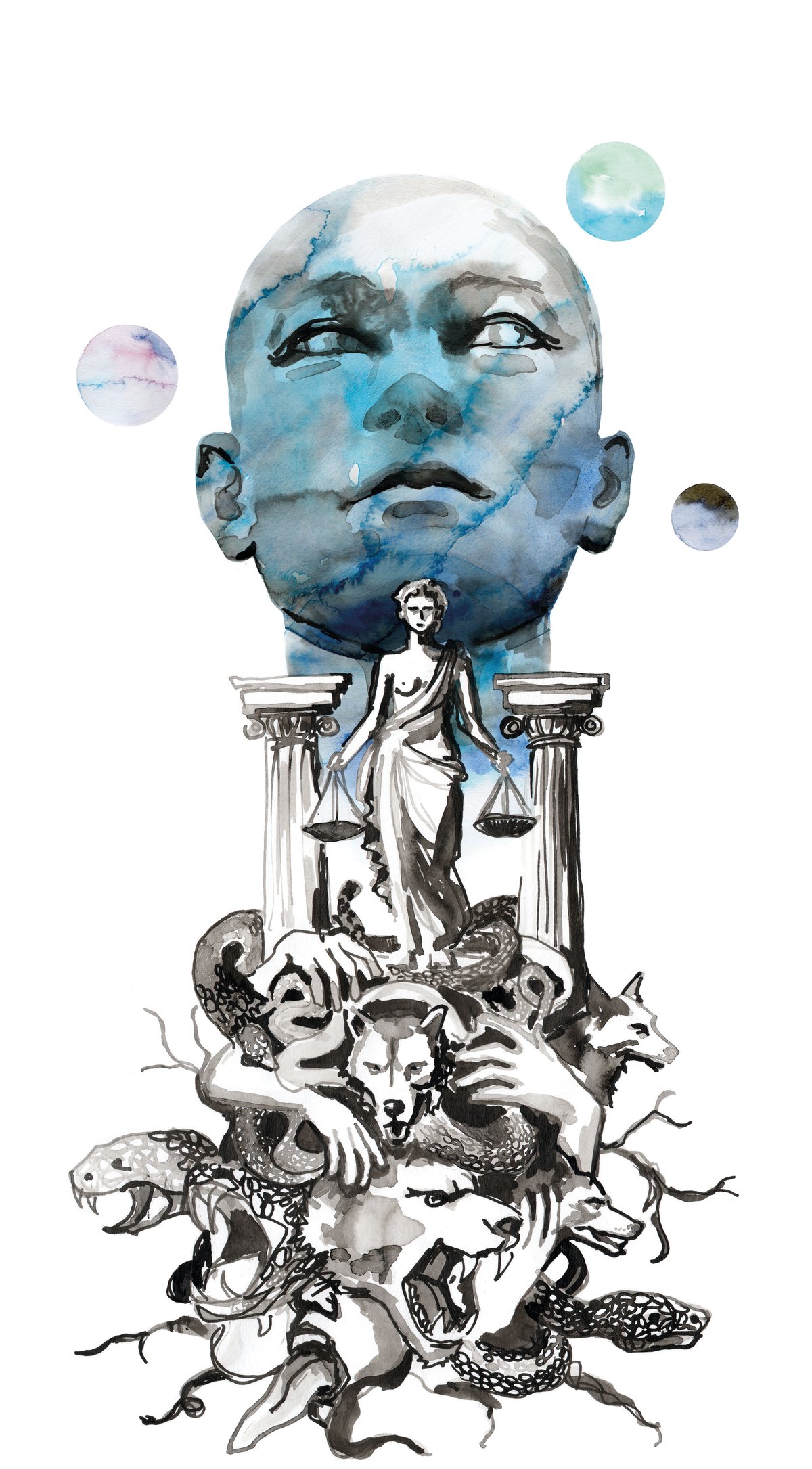 Tuschezeichnung: ein überlebensgroßer Kopf über einer Justitia zwischen zwei Säulen, darunter ein Knäuel aus Schlangen, Wölfen und Händen.