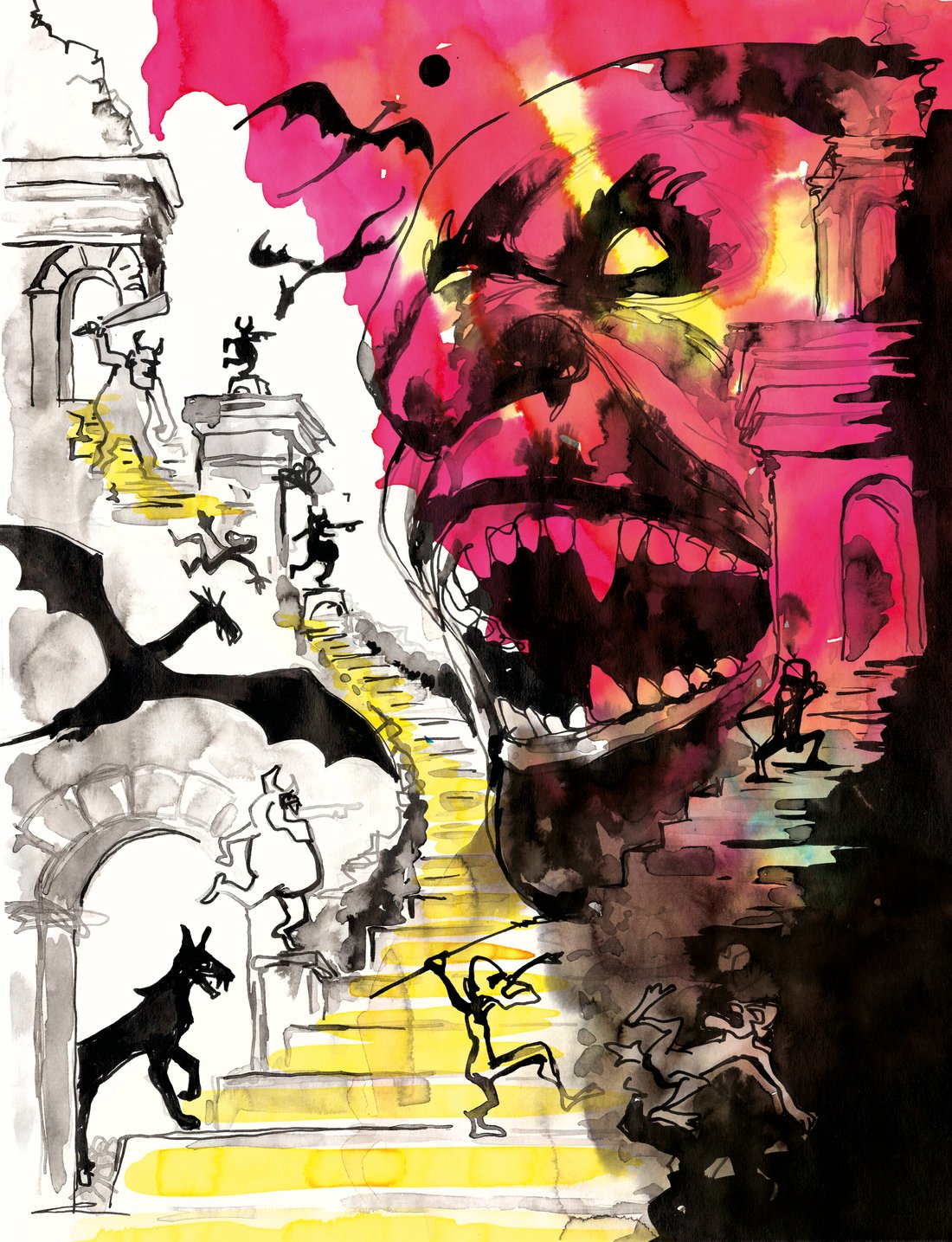 Titelbild von The CrunchFluff: ein riesiges zähnefletschendes Gesicht in Magenta und Gelb über einer Treppenanlage, auf der winzige Gestalten und Drachen kämpfen.